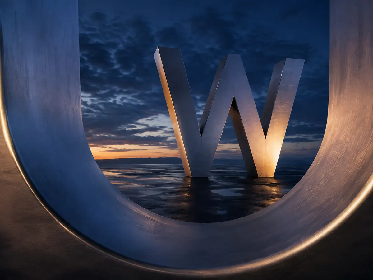 The W sculpture seen through the open curve of the U